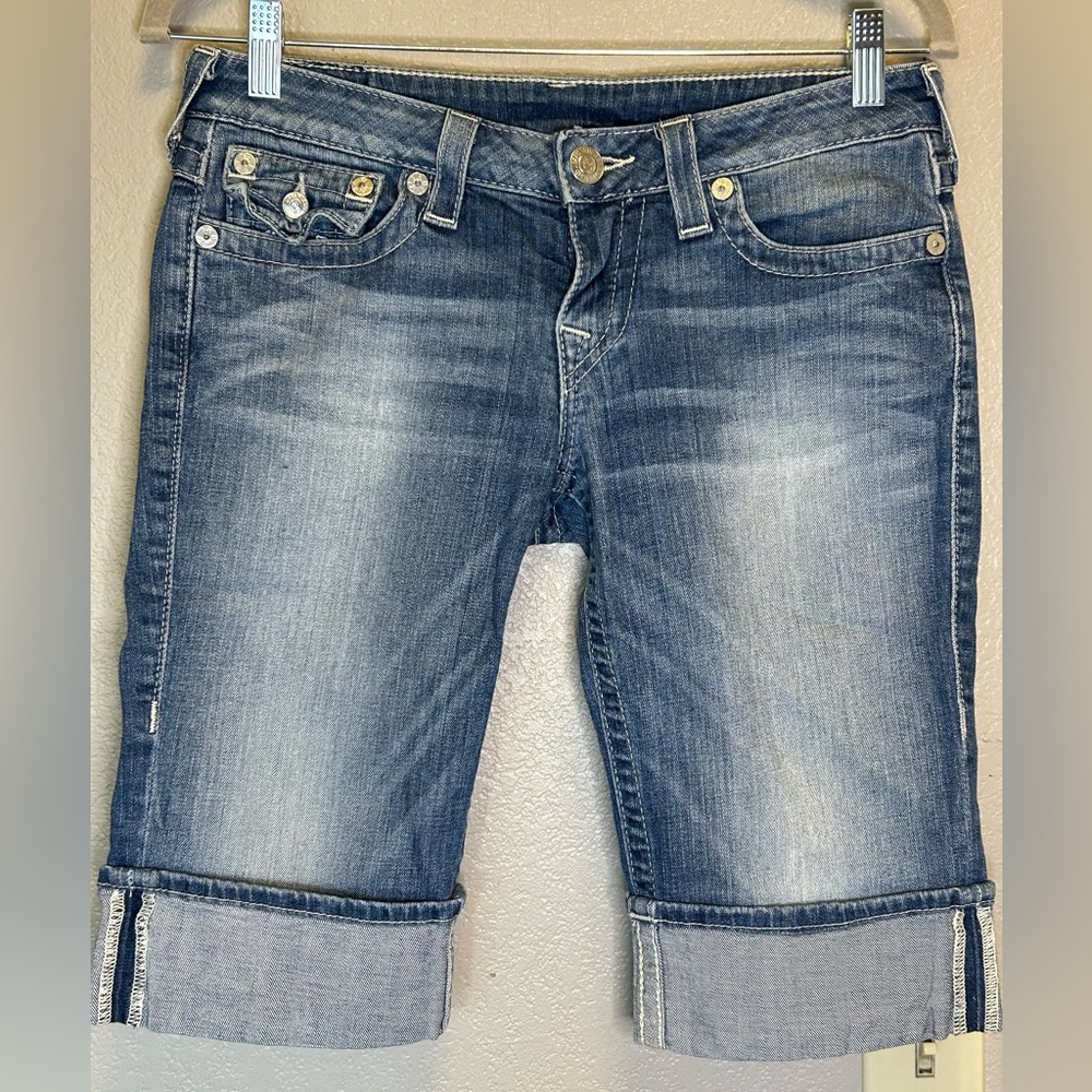 True Religion 'Knee Length Short' Jean Cutoffs Summer Casual Cropped Denim Sz 29